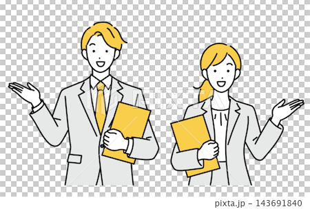 一幅商業插圖,描繪了一位微笑的男女辦公室工作人員正在指引方向。 一幅商業插圖,描繪了一位微笑的男女辦公室工作人員正在指引方向。 143691840