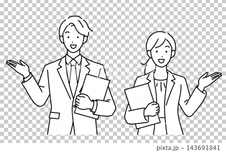 一幅商業插圖,描繪了一位微笑的男女辦公室工作人員正在指引方向。 一幅商業插圖,描繪了一位微笑的男女辦公室工作人員正在指引方向。 143691841