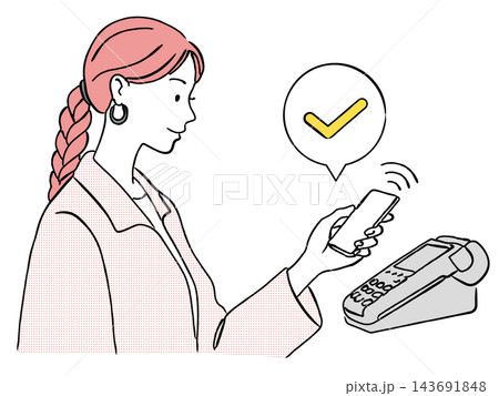 スマートフォンでキャッシュレス決済する女性のシンプルな線画イラスト(スマホ決済、会計、タッチ決済) スマートフォンでキャッシュレス決済する女性のシンプルな線画イラスト(スマホ決済、会計、タッチ決済) 143691848