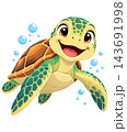 Happy baby sea turtle swimming with bubbles underwater 143691998
