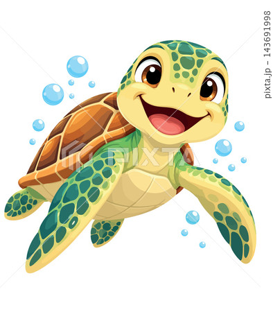 Happy baby sea turtle swimming with bubbles underwater Happy baby sea turtle swimming with bubbles underwater 143691998
