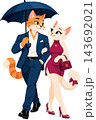 Anthropomorphic cat couple walking together holding an umbrella 143692021