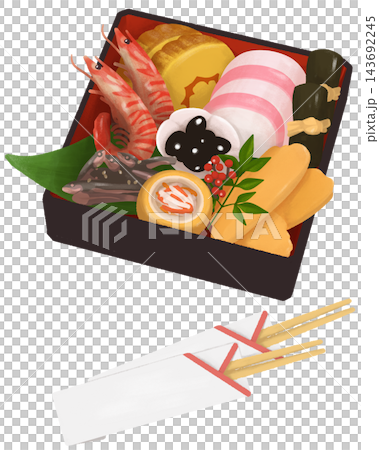 用筷子擺放禦節料理（日本新年食物）的簡單圖示。 143692245