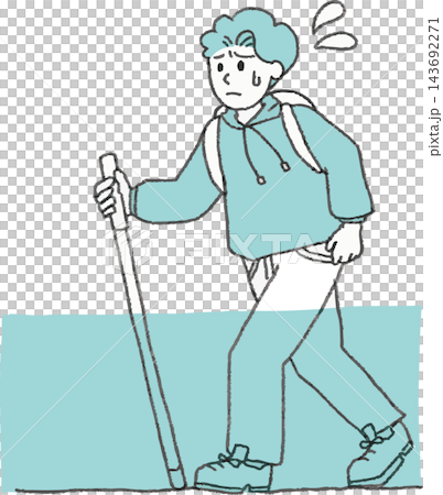 A two-color, hand-drawn, stylized illustration of a man struggling to evacuate a flooded road that is submerged up to his knees. (Flood, heavy rain, danger) 143692271