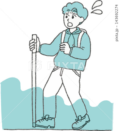 膝上まで浸水した流れのある水害道路を大変そうに避難する男性の2色イラスト 手書き風デフォルメ（洪水・ 143692274