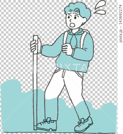 膝上まで浸水した流れのある水害道路を大変そうに避難する男性の2色イラスト 手書き風デフォルメ（洪水・ 143692274