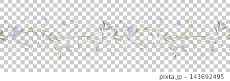 Hand painted watercolor wide horizontal floral border of purple and blue wildflowers with Queen Anne lace umbels and tiny berries on green stems, elongated strip isolated on white background. Hand painted watercolor wide horizontal floral border of purple and blue wildflowers with Queen Anne lace umbels and tiny berries on green stems, elongated strip isolated on white background. 143692495