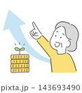 お金が増えて上を指さす女性のイラスト 143693490