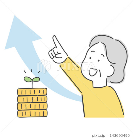お金が増えて上を指さす女性のイラスト 143693490