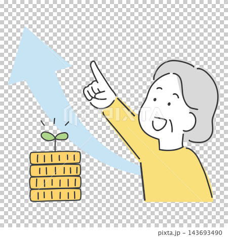 お金が増えて上を指さす女性のイラスト 143693490