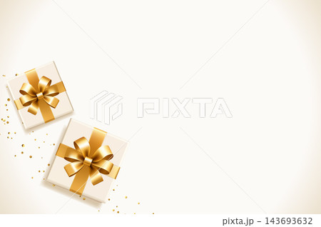 白いギフトボックスとゴールドリボンを俯瞰した高級感あるクリスマス背景イラスト 白いギフトボックスとゴールドリボンを俯瞰した高級感あるクリスマス背景イラスト 143693632