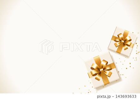 白いギフトボックスとゴールドリボンを俯瞰した高級感あるクリスマス背景イラスト 白いギフトボックスとゴールドリボンを俯瞰した高級感あるクリスマス背景イラスト 143693633
