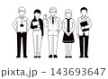 オフィスで働く経営者と同僚・ビジネスチームのシンプルな線画の全身ベクターイラスト素材セット 143693647