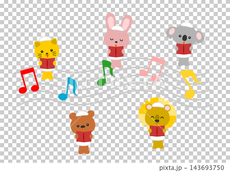 A cute illustration of animals (koala, lion, rabbit, bear, cat) singing in a chorus while holding sheet music. 143693750