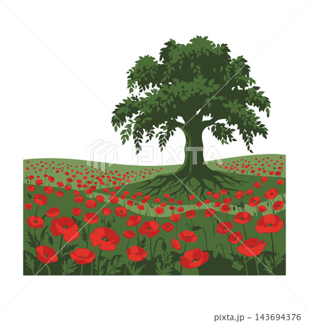Lush Green Tree Standing in Red Poppy Field Landscape Lush Green Tree Standing in Red Poppy Field Landscape 143694376