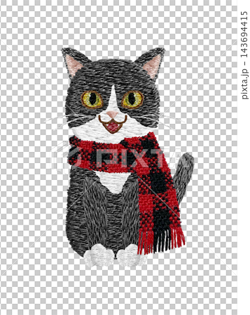 【マフラーをしたハチワレ猫】手刺繍イラスト素材 【マフラーをしたハチワレ猫】手刺繍イラスト素材 143694415