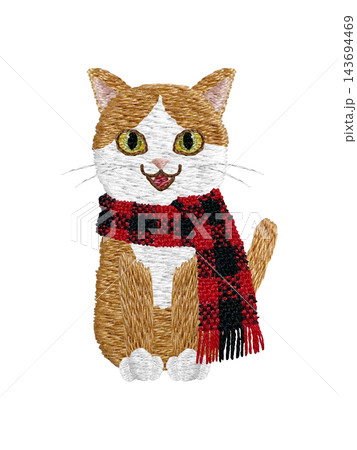 【マフラーをした茶白の猫】手刺繍イラスト素材 143694469