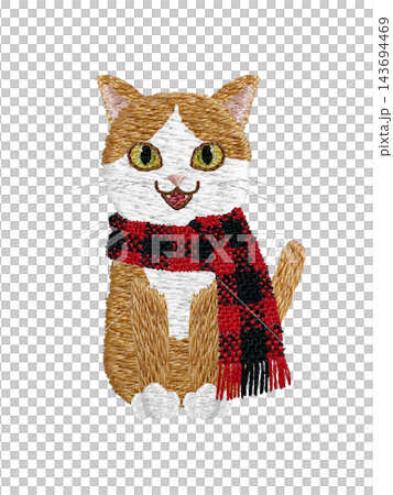 【マフラーをした茶白の猫】手刺繍イラスト素材 143694469