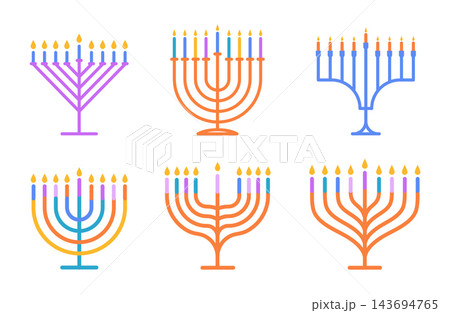 Collection of colorful Hanukkah menorahs with burning candles. Festive Jewish holiday vector Collection of colorful Hanukkah menorahs with burning candles. Festive Jewish holiday vector 143694765