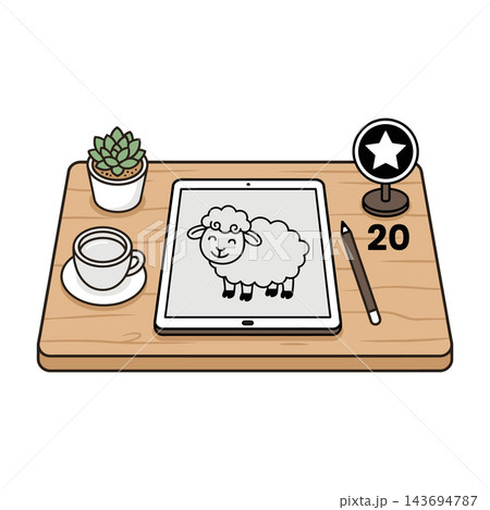Digital tablet with sheep outline on wooden desk Digital tablet with sheep outline on wooden desk 143694787