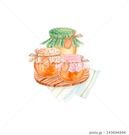 Hand drawn watercolor illustration of three honey jars with fabric covers, twine and tags on a wooden board and striped kitchen towel. Isolated pastel food art for packaging, labels and branding. Hand drawn watercolor illustration of three honey jars with fabric covers, twine and tags on a wooden board and striped kitchen towel. Isolated pastel food art for packaging, labels and branding. 143694894