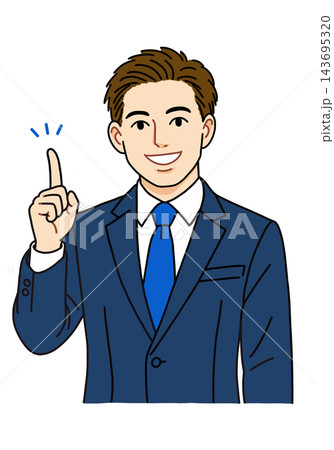 笑顔で人差し指を立ててポイントを示すビジネスマンのイラスト 笑顔で人差し指を立ててポイントを示すビジネスマンのイラスト 143695320