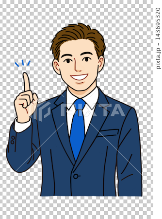 An illustration of a businessman smiling and holding up his index finger to point. 143695320
