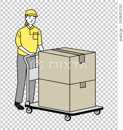 A young delivery staff member carrying cardboard boxes on a hand truck. 143695350