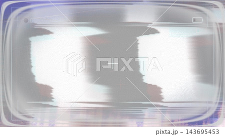 Abstract glitch camera viewfinder frame with crosshair, battery icon and distorted gray and white horizontal shapes with purple edges 143695453