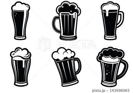 Set of Classic Beer Mug with Foam Black and White Vector Illustration 143696065