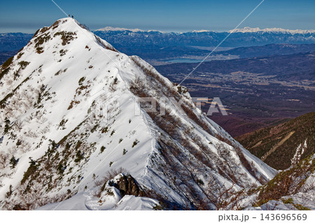 冬の八ヶ岳連峰・権現岳・ギボウシのピークの登山者と乗鞍岳・槍穂高連峰・諏訪湖の眺め 冬の八ヶ岳連峰・権現岳・ギボウシのピークの登山者と乗鞍岳・槍穂高連峰・諏訪湖の眺め 143696569