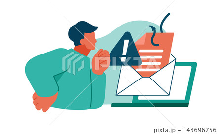 フィッシングメール対策のイラスト 釣り針付きの不審なメールとアラートでセキュリティ啓発 フィッシングメール対策のイラスト 釣り針付きの不審なメールとアラートでセキュリティ啓発 143696756