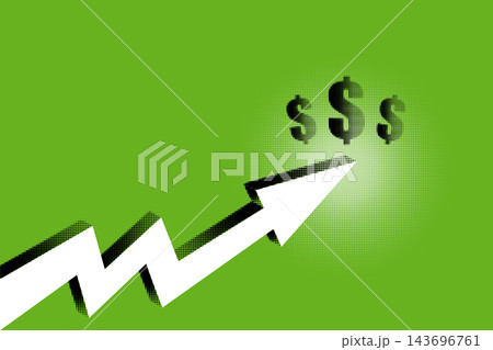 White rising arrow pointing to dollar symbols on green halftone design representing financial growth profit increase and investment success. White rising arrow pointing to dollar symbols on green halftone design representing financial growth profit increase and investment success. 143696761