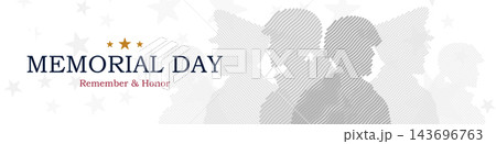 Wide web banner US Memorial Day with military silhouettes and gold stars on a white background. Graphic layout for website headers, social media covers and commemorative holiday advertising. 143696763
