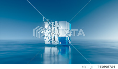 3d Abstract futuristic blue cube data block floating on water surface. AI, big data, blockchain technology concept. 3d Abstract futuristic blue cube data block floating on water surface. AI, big data, blockchain technology concept. 143696784