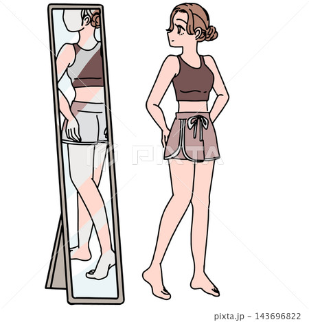 姿見で全身の体型チェックをする女性のイラスト 143696822