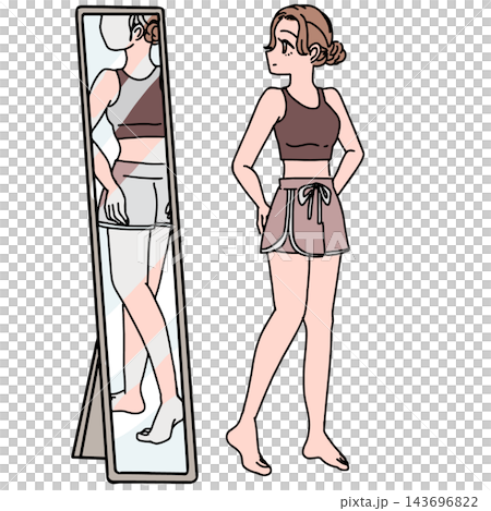 姿見で全身の体型チェックをする女性のイラスト 143696822