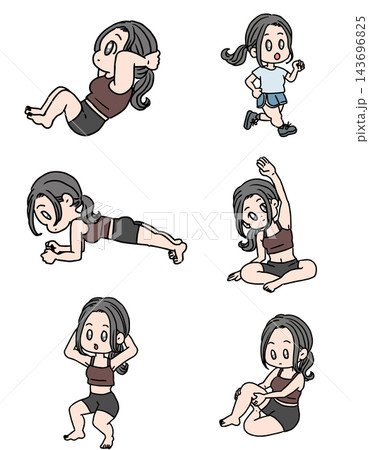 エクササイズやトレーニングをする女性のイラストポーズセット・アイコンセット エクササイズやトレーニングをする女性のイラストポーズセット・アイコンセット 143696825
