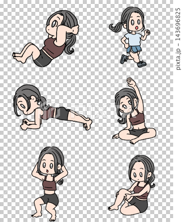 エクササイズやトレーニングをする女性のイラストポーズセット・アイコンセット エクササイズやトレーニングをする女性のイラストポーズセット・アイコンセット 143696825