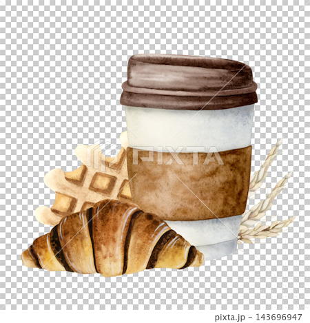 Coffee cup with chocolate croissant and waffle watercolor illustration isolated on white background for breakfast designs, cafe, restaurant menus. Fall food in hand drawn realistic style Coffee cup with chocolate croissant and waffle watercolor illustration isolated on white background for breakfast designs, cafe, restaurant menus. Fall food in hand drawn realistic style 143696947