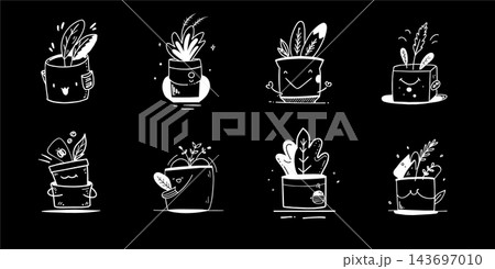 Set of line art illustrations of happy houseplants in flowerpots 143697010
