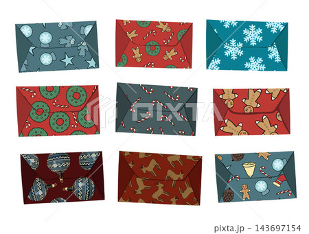 Vector isolated illustration of a set of festive Christmas mail. Christmas envelopes. 143697154