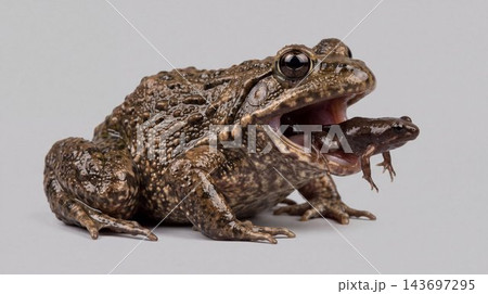 Large brown frog holding a smaller frog in its mouth Large brown frog holding a smaller frog in its mouth 143697295