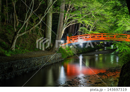 小國神社の新緑ライトアップと一宮川の赤い橋(アスペクト比 3:2)(静岡県) 小國神社の新緑ライトアップと一宮川の赤い橋(アスペクト比 3:2)(静岡県) 143697319
