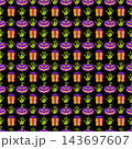 Black Halloween seamless pattern with purple pumpkins and orange gift boxes 143697607