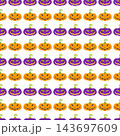 White Halloween seamless pattern with orange and purple jack o lantern rows 143697609