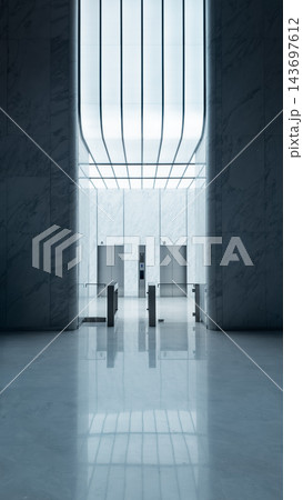 Futuristic office lobby interior with marble walls, LED neon lighting and elevator entrance, Modern corporate building entrance hall with symmetrical design, reflective floor and high tech vibes 143697612