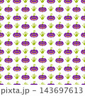 White Halloween seamless pattern with purple pumpkins and zombie hands 143697613