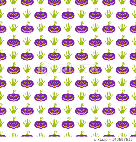 White Halloween seamless pattern with purple pumpkins and zombie hands White Halloween seamless pattern with purple pumpkins and zombie hands 143697613