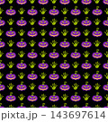 Black Halloween seamless pattern with smiling pumpkins and green zombie hands 143697614